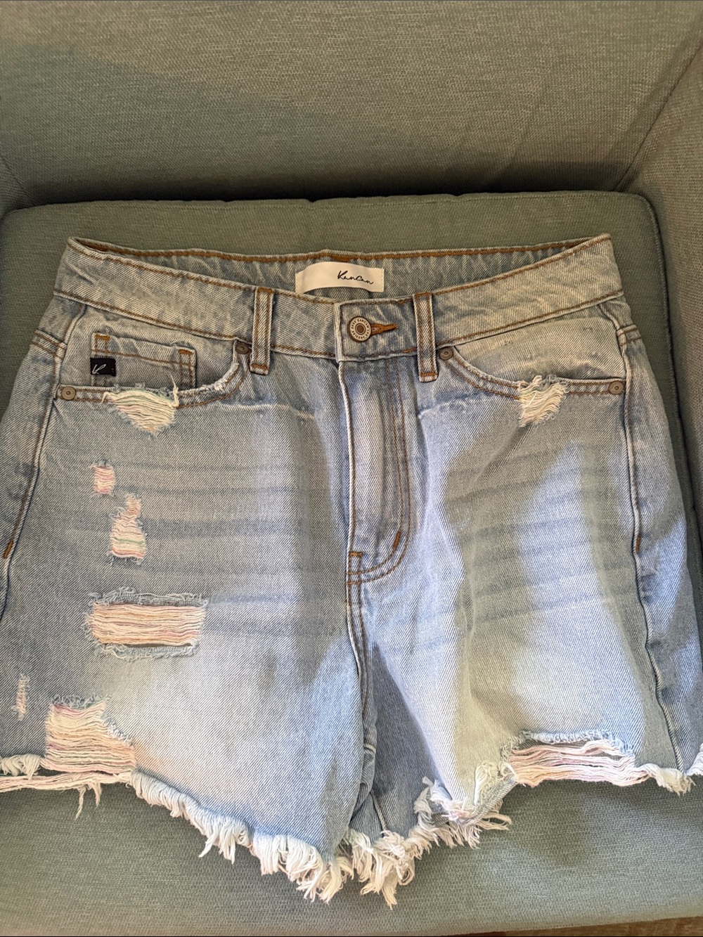KanCan Light Blue Distressed Denim Shorts with Frayed Hem